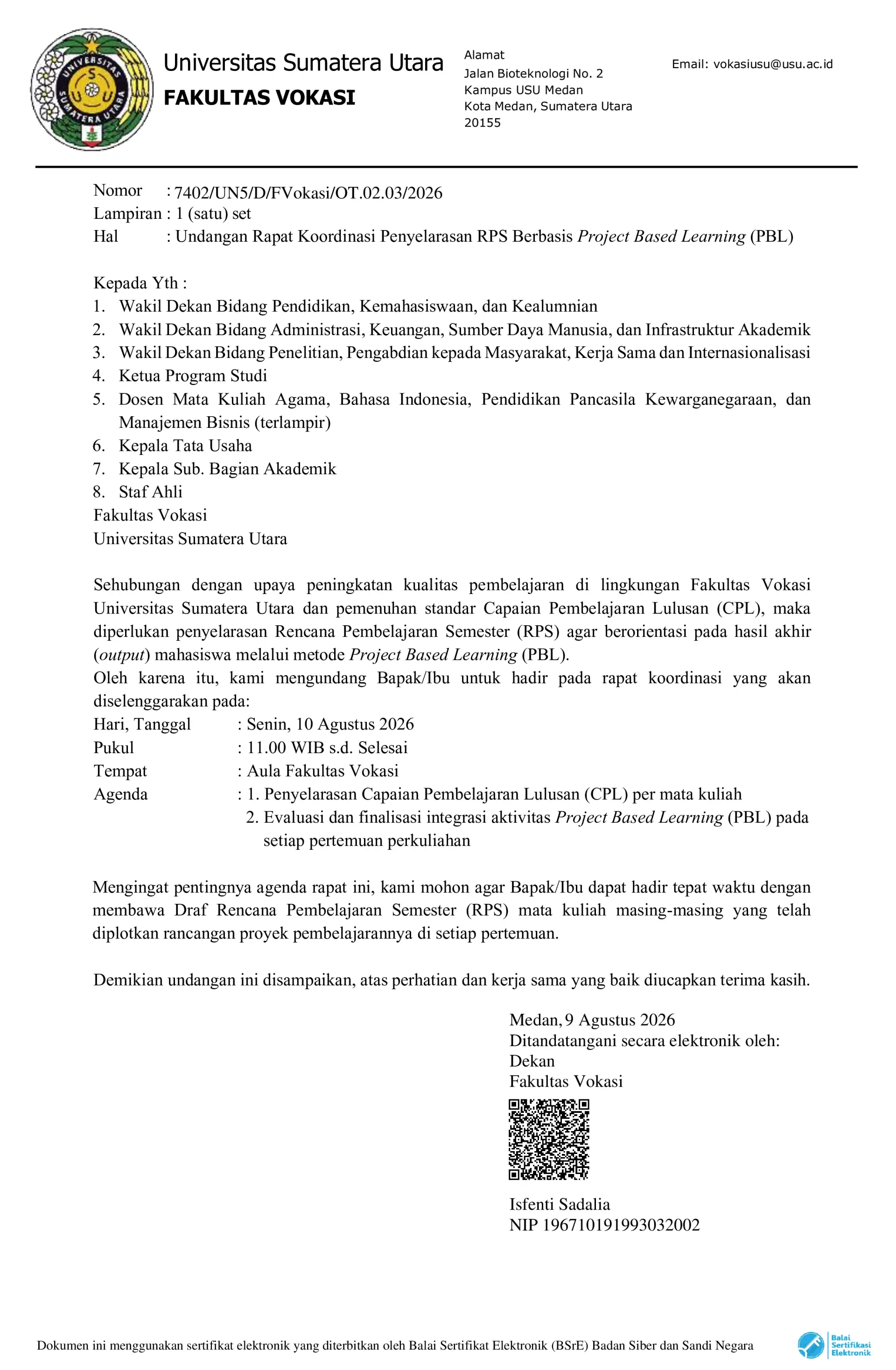 Undangan Rapat Koordinasi Penyelarasan RPS Berbasis Project Based Learning (PBL)
